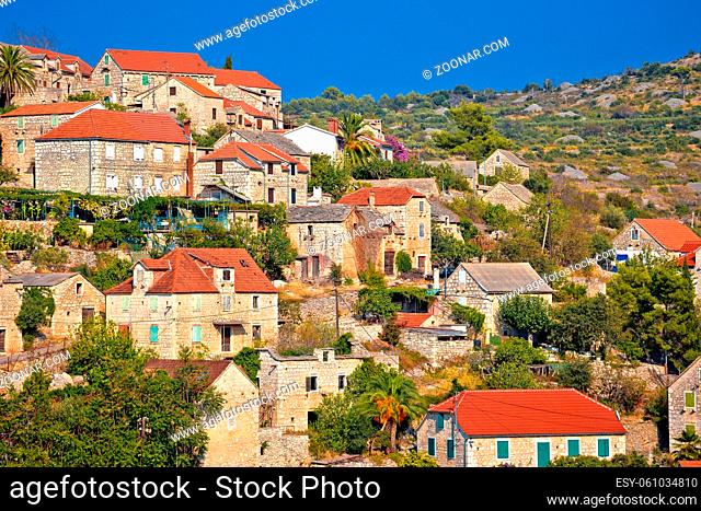 Historic hillside stone village of Lozisca on Brac island, Dalmatia region of Croatia