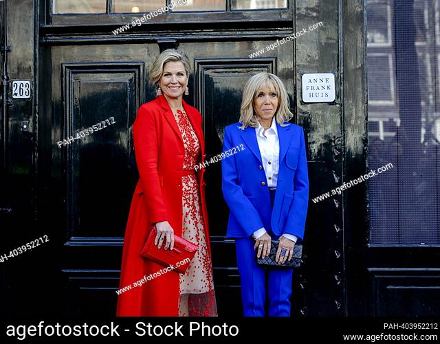Queen Maxima of the Netherlands and Mrs. Bridget Macron arrive at the Anne Frank Huis in Amsterdam, on April 12, 2023, to visit the museum