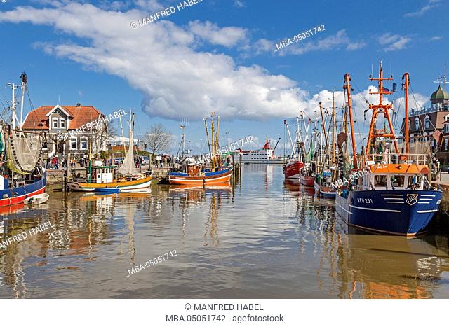 shrimp boat s at harbour of Neuharlingersiel, Eastern Frisia, Lower Saxony, Germany