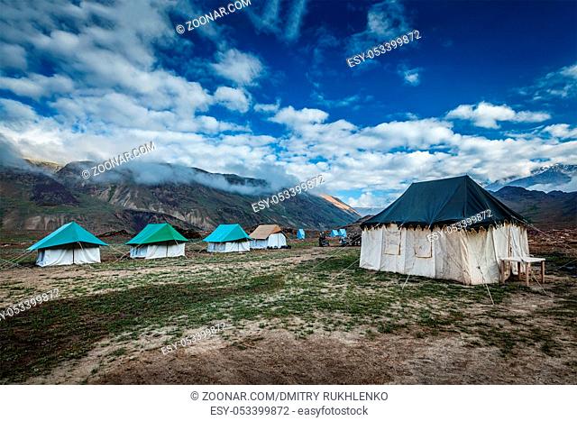 Tent camp in Himalayas in the morning. Spiti Valley, Himachal Pradesh, India