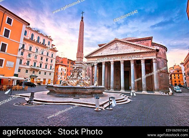 Pantheon square ancient landmark in eternal city of Rome dawn view, capital of Italy