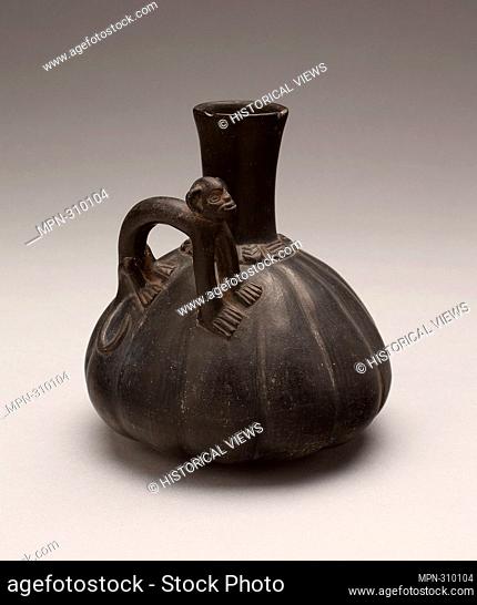 Author: Lambayeque. Gourd-Shaped Blackware Jar with Modeled Monkey Handle - A.D. 1000/1450 - Possibly Lambayeque or Inca-Chimu North coast, Peru