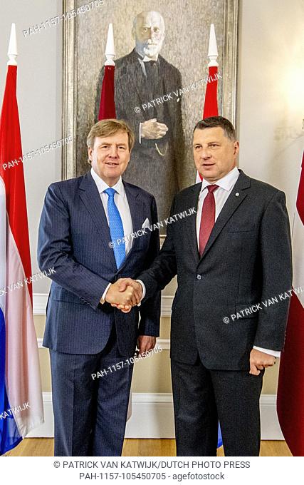 King Willem-Alexander of the Netherlands starts his state visit to Latvia with an welcome ceremony with President Raimonds Vejonis in Riga, Latvia, 11 June 2018
