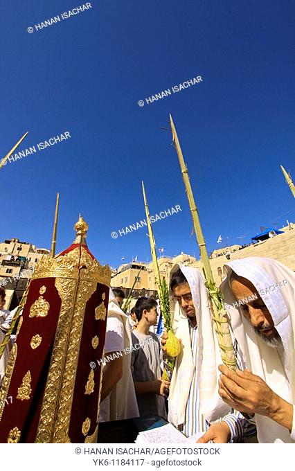 Succot holiday, the Priestly Blessing ceremony at the Western Wall, a prayer with the Four Species