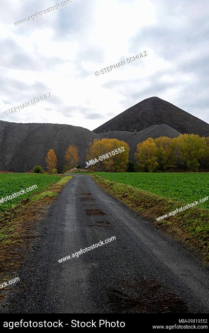 Germany, Saxony-Anhalt, Volkstedt, View of the heap Progress, former wolf shaft, copper shale, mining, Mansfelder Land