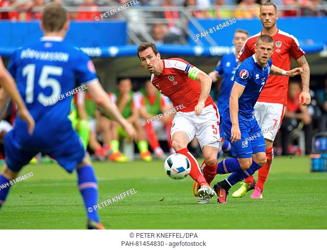 Austria's Christian Fuchs kicks the ball during the Group F preliminary round soccer match of the UEFA EURO 2016 between Iceland and Austria at the Stade de...
