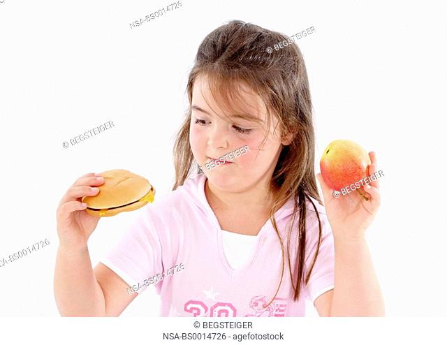 chubby girl with burger and apple
