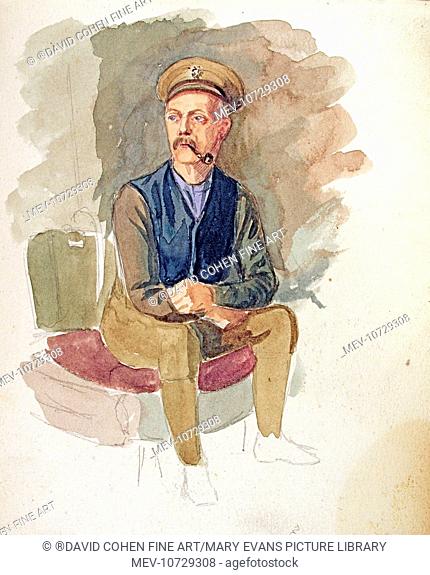 Watercolour of a billet at Oakwood, dated 20.1.16. On reverse, watercolour and pencil study of a soldier smoking his pipe. 21017 Private P. J