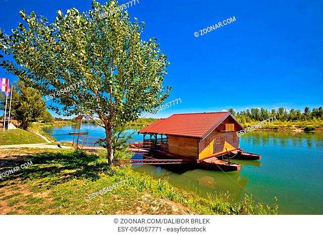 Drava river floating wooden cabin, Donja Dubrava, Medjimurje region of Croatia