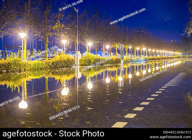 Flooding Street with Tree and Light Reflection in Locarno, Switzerland
