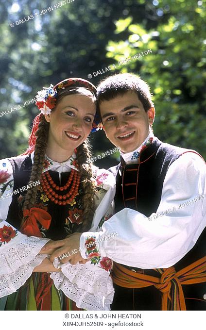 Polish Couple, Costumes from Lowicz Region, Lazienki Park, Warsaw, Poland, Model Release52-08, 09