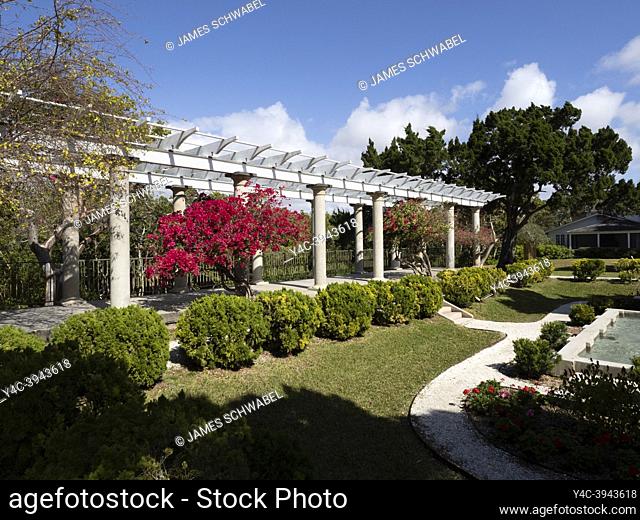 Sunken Garden and Pergola at Selby Gardens Historic Spanish Point museum and environmental complex in Osprey, Florida. USA