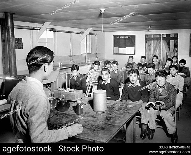Japanese-American Students sitting in Chemistry Classroom, Manzanar Relocation Center, California, USA, Ansel Adams, Manzanar War Relocation Center Collection