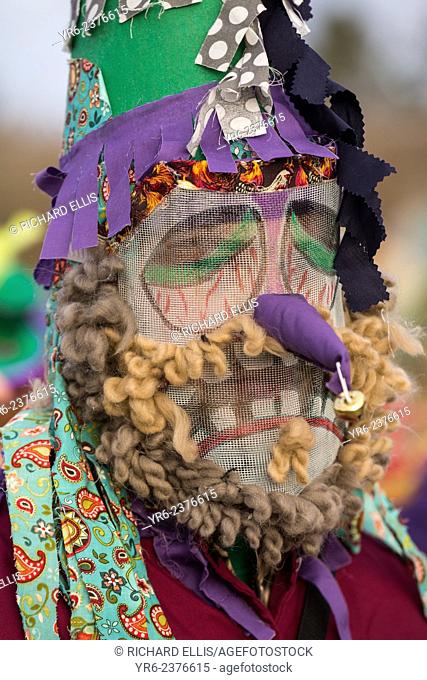 A reveler wears traditional Cajun Mardi Gras masks and costumes during the Courir de Mardi Gras chicken run on Fat Tuesday February 17, 2015 in Eunice