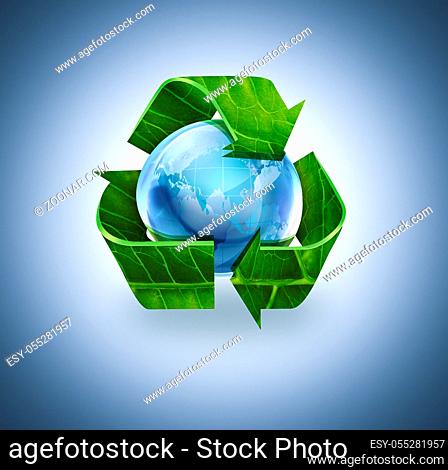 Recycle symbol with leaf texture and world on blue background