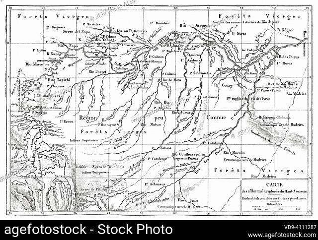 Amazon basin map, Brazil. South America. Journey through South America, from the Pacific Ocean to the Atlantic Ocean by Paul Marcoy 1848-1860 from Le Tour du...