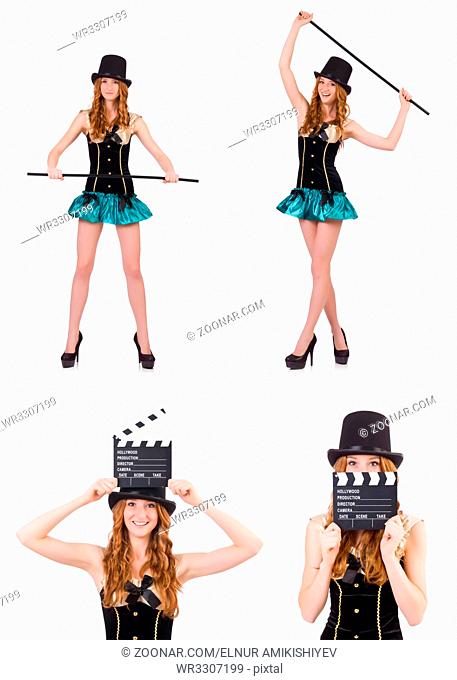 Dancing woman magician with walking stick isolated on white