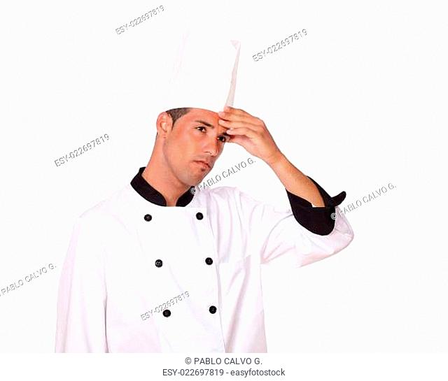 Professional handsome adult chef with headache
