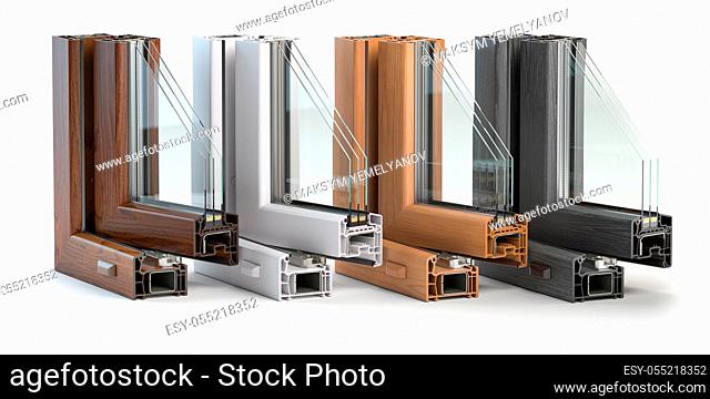 Plastic window profiles PVC of different colors in section isolated on white background. 3d illustration
