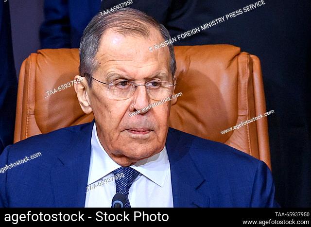 MOROCCO, MARRAKECH - DECEMBER 20, 2023: Russia's Foreign Minister Sergei Lavrov attends the 6th plenary session of the Russian-Arab Cooperation Forum