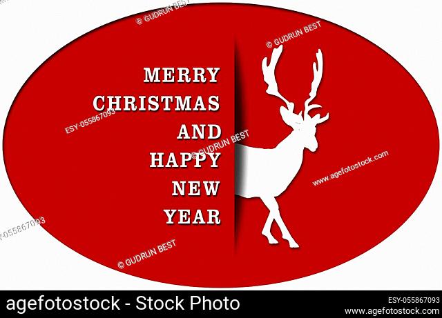 Red Christmas greeting card in sticker format - Merry Christmas and happy new year lettering - white reindeer - 3D illustration