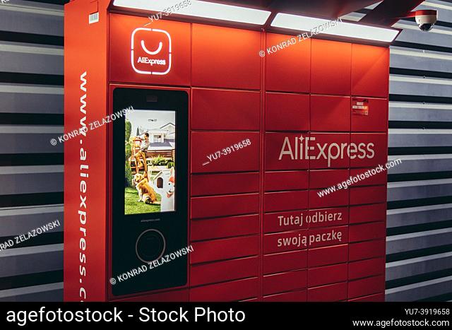 Parcel lockers of AliExpress online retail service based in China owned by the Alibaba Group in Warsaw, capital of Poland