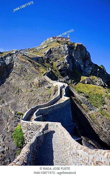 Spain, Basque Provinces, San Juan de Gaztelugatxe, rock, cliff, way, path, stones, wall, holidays, travel