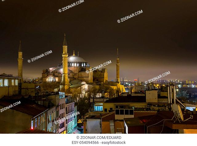 Night view of Hagia Sophia one of the most important and visited monuments of Istanbul