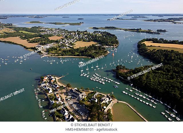 France, Morbihan, Golfe du Morbihan, Sene, Port Anna, in the foreground Conleau aerial view