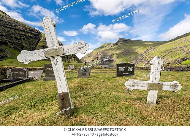 Saksun, Stremnoy island, Faroe Islands, Denmark. Old graves in the village's graveyard
