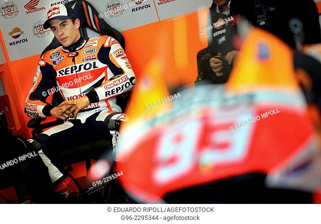 Marc Marquez in the garage at Ricardo Tormo Circuit in Cheste, near Valencia, Spain