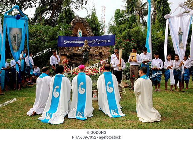 Assumption celebration outside Battambang Catholic church, Battambang, Cambodia, Indochina, Southeast Asia, Asia