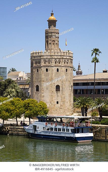 Guadalquivir River Cruise Boat, Gold Tower, Torre del Oro, Seville, Andalusia, Spain, Europe