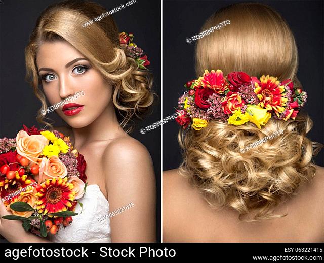 Beautiful blond woman in image of the bride with flowers. Beauty face and Hairstyle. Picture taken in the studio
