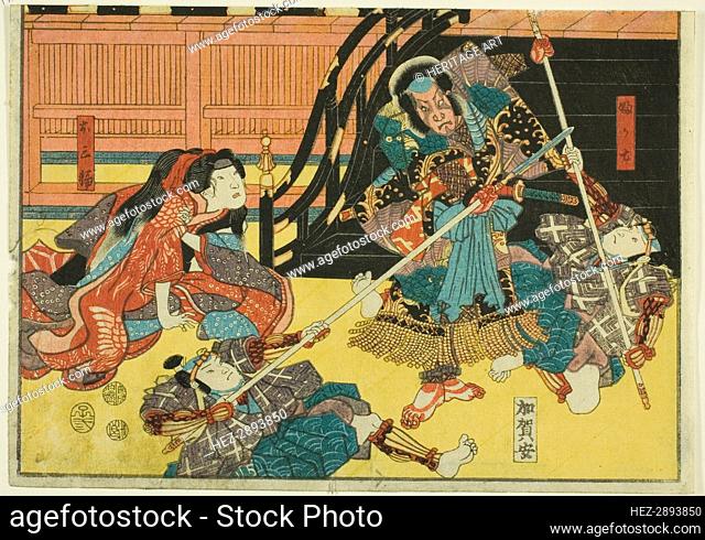 Actors as Fukashichi and Omiwa from the play Imoseyama, from an untitled series of.., 1852. Creator: Utagawa Kunisada