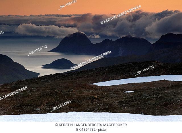 View from Istind Mountain over the fjords landscape of the island of Senja, Troms, Norway, Europe