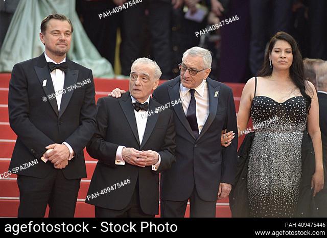 CANNES, FRANCE - MAY 20: Leonardo DiCaprio, Director Martin Scorsese, Robert De Niro Cara Jade Myers attend the ""Killers Of The Flower Moon"" red carpet during...