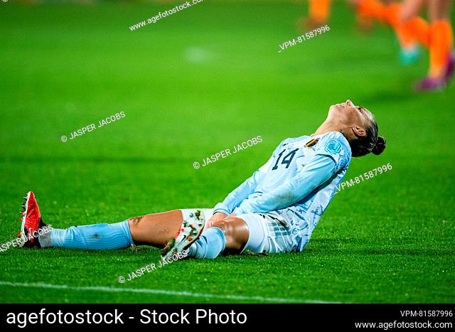 Belgium's Jassina Blom looks dejected during a soccer match between Belgium's national women's team the Red Flames and the Netherlands