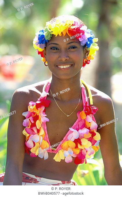 young woman in bikini, wearing artificial flower decoration, Dominican Republic, Santo Domingo
