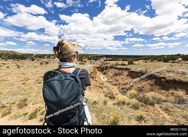 rear view of adult woman looking at Galisteo Basin, NM