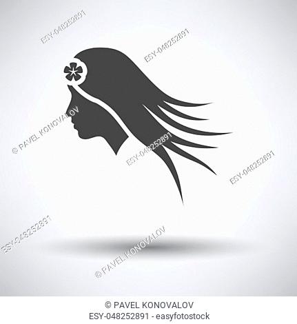 Woman head with flower in hair icon on gray background with round shadow. Vector illustration