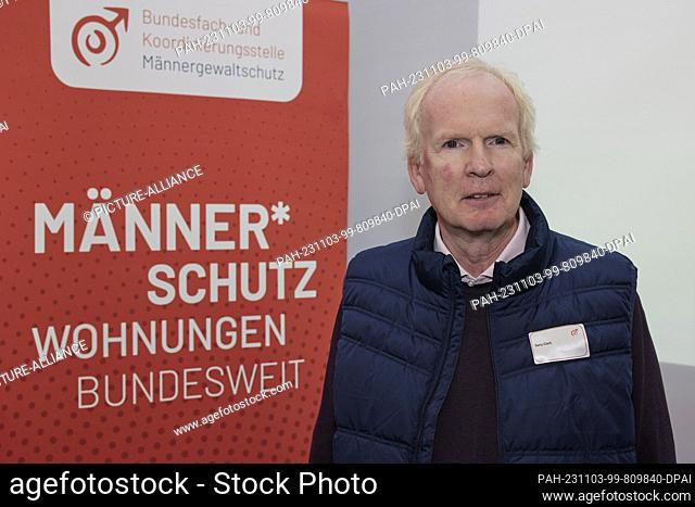 03 November 2023, Berlin: Gary Clark, a victim of violence, at the presentation of the statistics on the use of men's violence protection facilities in Germany...
