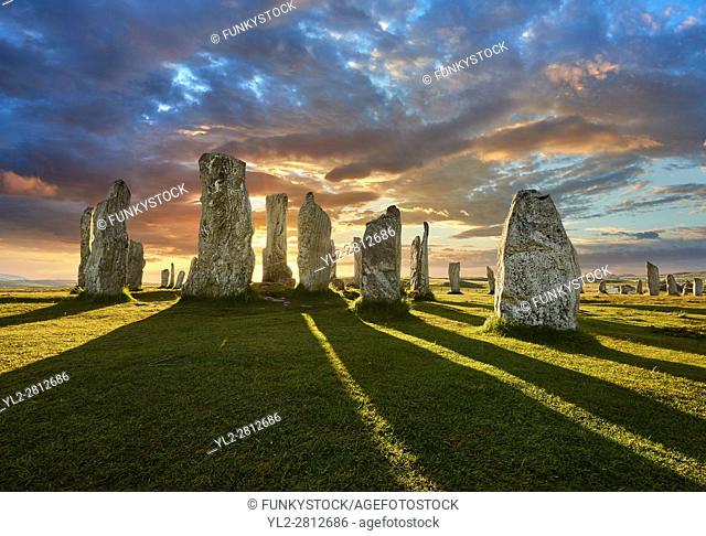 Calanais Standing Stones central stone circle, at sunset, erected between 2900-2600BC measuring 11 metres wide. At the centre of the ring stands a huge monolith...
