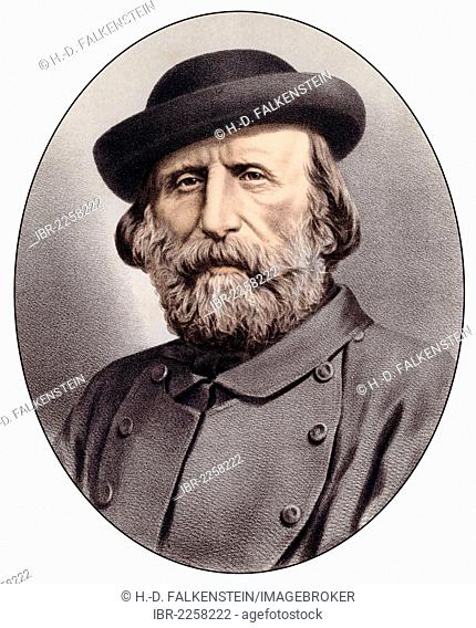 Historic chromolithography from the 19th century, portrait of Giuseppe Garibaldi, 1807 - 1882, an Italian guerrilla fighter and protagonist of the Risorgimento