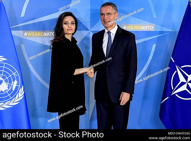 January 31, 2018 - Brussels, Belgium - UNHCR Special Envoy Angelina Jolie and NATO Secretary General Jens Stoltenberg pictured during a meeting between...