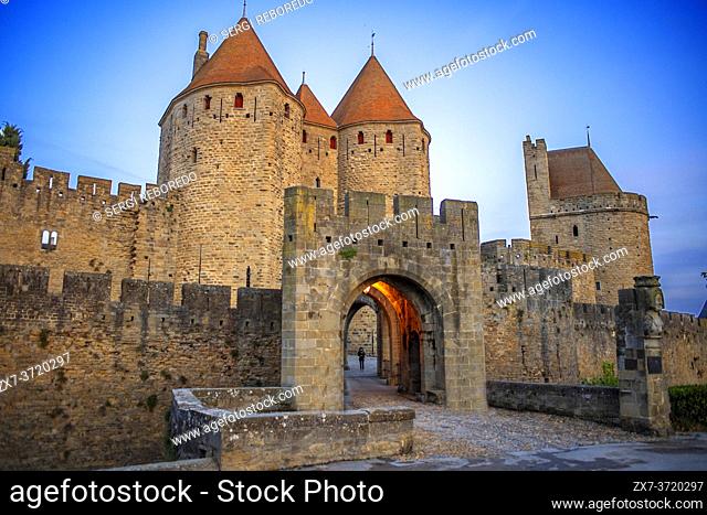 Fortified City of Carcassonne, medieval city listed as World Heritage by UNESCO, harboure d'Aude, Languedoc-Roussillon Midi Pyrenees Aude France