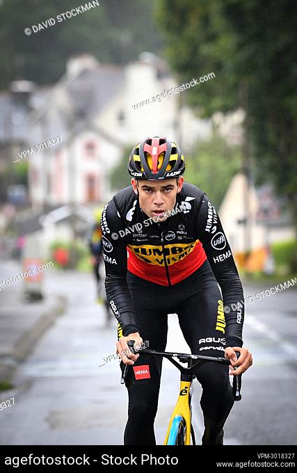 Belgian Wout Van Aert of Team Jumbo-Visma pictured in action at the last Km of the first stage during a training session ahead of the 108th edition of the Tour...