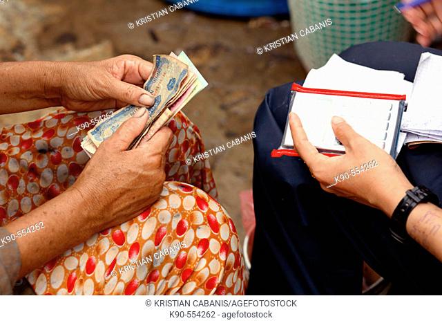Two women counting the money (Vietnamese Dong) on the fresh food market of Hoi An, Vietnam, Southeast Asia