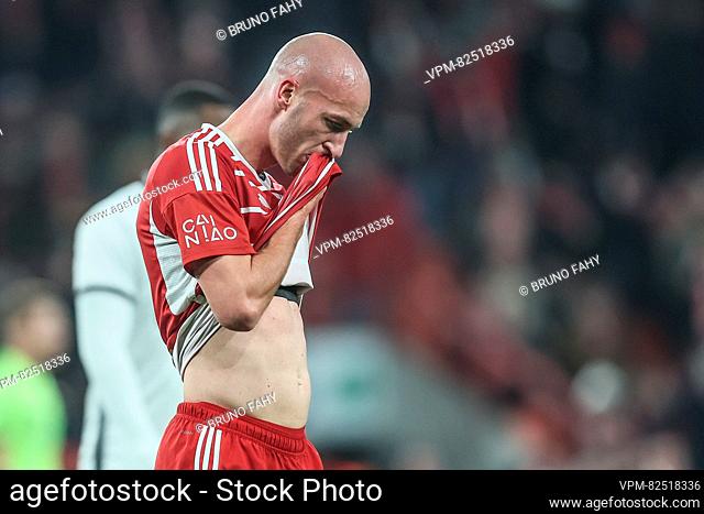 Standard's Gilles Dewaele looks dejected after a soccer match between Standard de Liege and Sporting Charleroi, Saturday 16 December 2023 in Liege