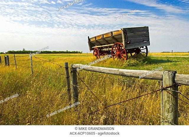 Old wagon in field, Osage, Saskatchewan, Canada